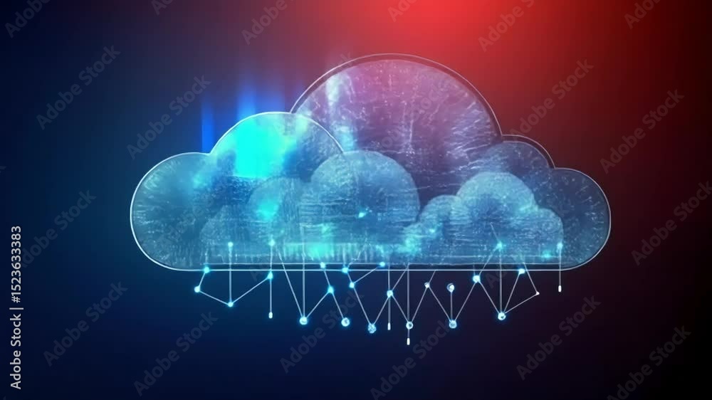 Poster abstract cloud computing network illustration. digital lines connect nodes, symbolizing data flow an