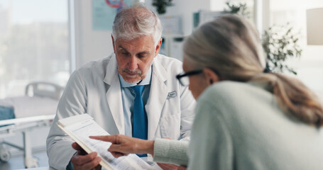 Doctor, man and woman with document for medical aid, life insurance or application in clinic....