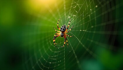 Orb-weaver spider Araneus ventricosus on a dew-covered spiderweb in a lush green forest at dawn.