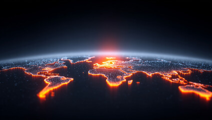 Global Network Map Of Earth At Sunrise With Glowing City Lights