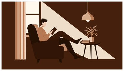 Cozy Home Man Reading Book Vector Illustration