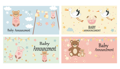 Cute Baby Announcement Card Vector Template Set