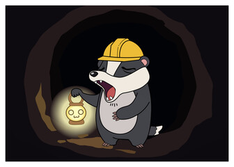 Cute Cartoon Badger Explorer with Skull Lantern in Cave Vector