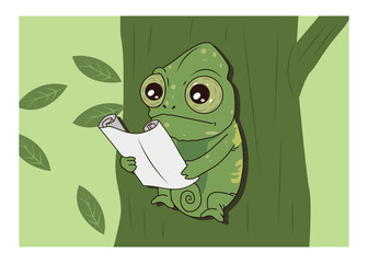 Cute Cartoon Chameleon Reading Map on Tree Branch - Vector Illustration