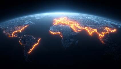 Global World Map At Night With Illuminated Cities