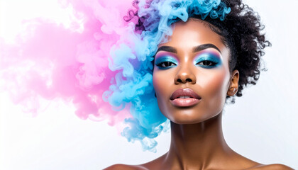 Naklejka premium A woman wearing colorful professional makeup with pink and blue smoke against a white background.