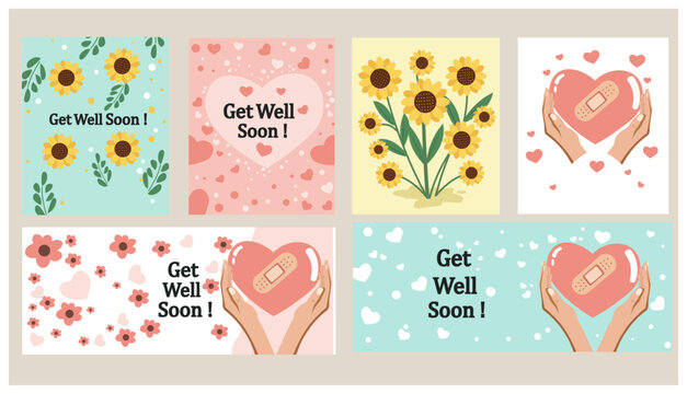Cute Get Well Soon Card Vector Template Set - Cheerful Designs