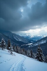 Fototapeta premium A powerful Colorado storm rolls in, dark clouds fill the sky, heavy snow begins to fall, obscuring distant mountains Wind whips through the landscape, creating a dramatic winter scene , sky, wind