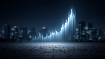 Glowing Blue Graph Rising Against Blurred Cityscape Representing Business Growth and Progress In a Modern Financial Landscape