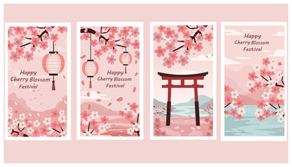Four Serene Cherry Blossom Festival Illustrations with Japanese Elements