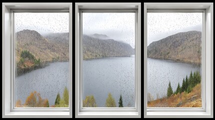 Rainy day viewing lake mountain scene