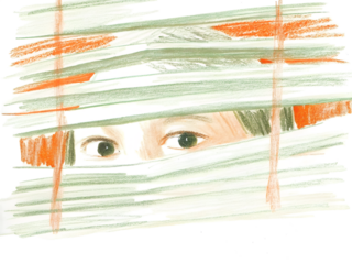 A child's eyes peek through striped blinds, a curious expression