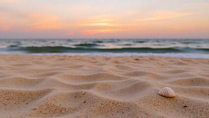 Seashell on a Sandy Shore: A lone seashell rests upon the textured surface of sun-kissed sand. Beyond the shore.