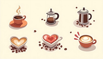 Coffee Collection Cartoon Illustration Featuring Cups French Presses and Beans