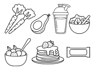 Healthy food icons outline illustration showing variety of fresh fruits and vegetables