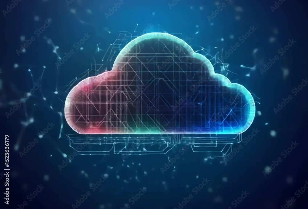 Poster abstract cloud computing network visualization. glowing lines form a cloud shape against a dark blue