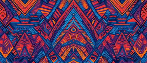 Vibrant geometric pattern featuring abstract shapes in bold colors, creating dynamic and energetic visual experience