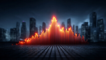 Glowing Orange Cityscape at Night with Abstract Digital Equalizer