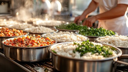 Obraz premium Chefs prepare rice and vegetables.