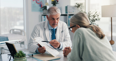 Plakat Doctor, man and woman with document for healthcare, life insurance or application in clinic. People, medical aid employee and clipboard with form, survey or paperwork for registration or service