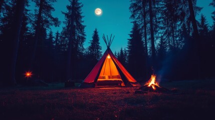 In the forest, there is a Native American tent with a bed and sofa inside, under which bonfires burn. The moon shines in the sky at night