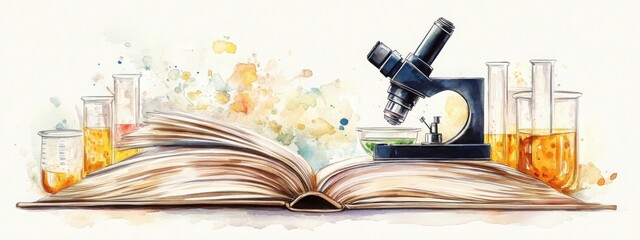 Illustration of a science book with a microscope and laboratory equipment in warm tones