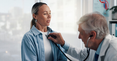 Doctor, patient and breathing with stethoscope in clinic for chest exam, asthma or checkup. Cardiologist, people and medical tool for heartbeat, lung capacity or health assessment in hospital