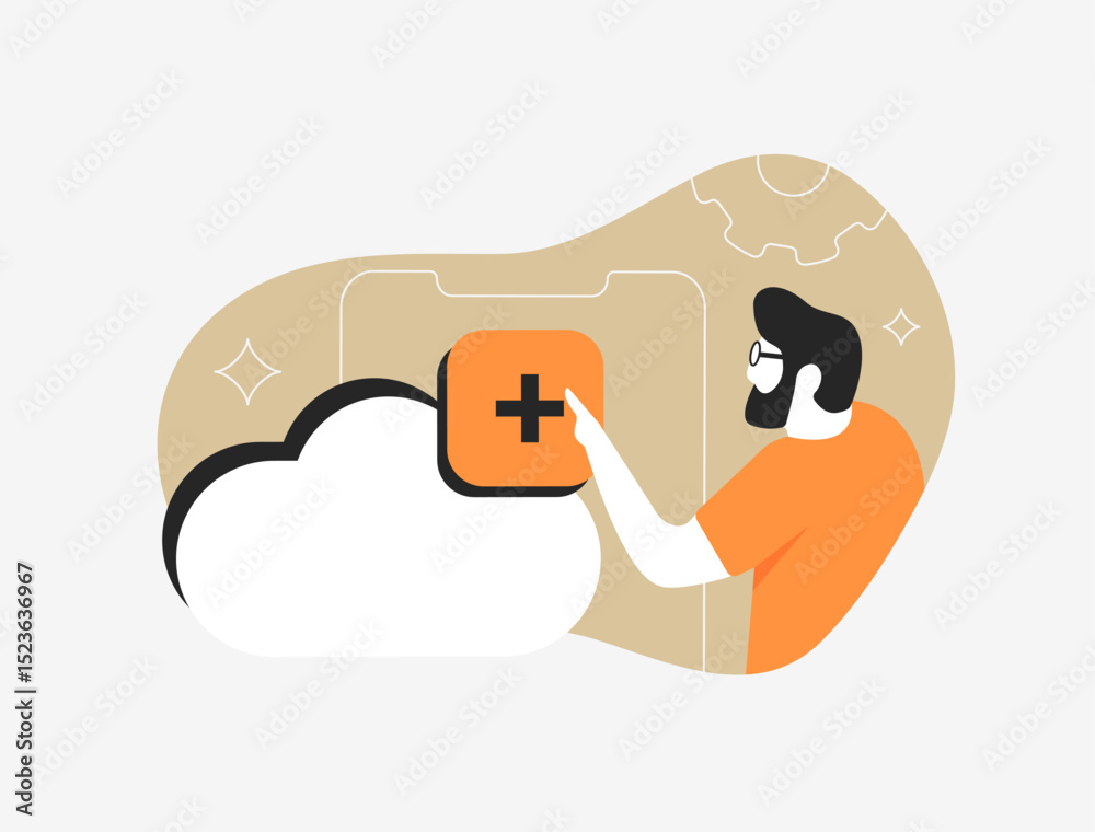 Poster cloud upload concept with man clicking button, abstract interface, gear icons and data symbol. idea 