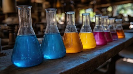 Colorful liquids in lab beakers.