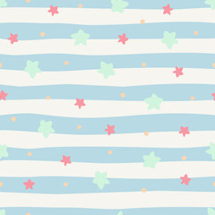 Repeated scattered pastel stars and circle dots on uneven stripes. Cute seamless pattern sky theme for textiles, card, stationery, phone cases, paper gifts, wallpaper, background, wrapping, fabric.
