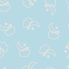 Repeated scattered pastel stars, cloud and moon. Cute seamless pattern sky theme for textiles, card, stationery, phone cases, paper gifts, wallpaper, background, wrapping, fabric.