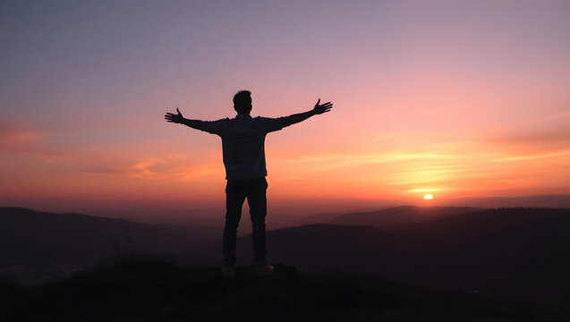 Embracing the Horizon: A silhouette of a person with open arms stands atop a mountain, enveloped in the vibrant hues of a breathtaking sunset, representing freedom and aspiration.