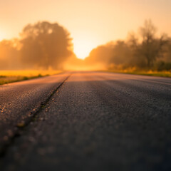 Road to Serenity: An enchanting road leads into the misty embrace of dawn, where the golden light of sunrise bathes the scene in a serene atmosphere, symbolizing journey and tranquility.