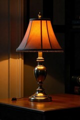 Elegant antique brass table lamp illuminating a dark room, casting warm, inviting light Perfect for interior design, home decor, and vintage style projects , old, luxury