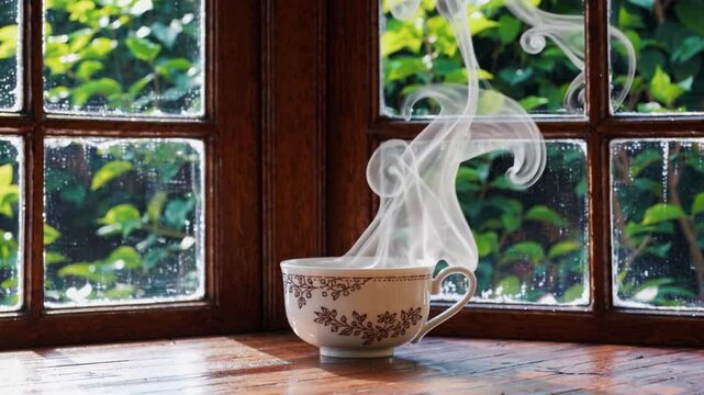 Steaming Cup of Tea by the Window: A warm, inviting teacup with delicate floral patterns releases gentle tendrils of steam, set against the backdrop of a bright window and vibrant greenery.