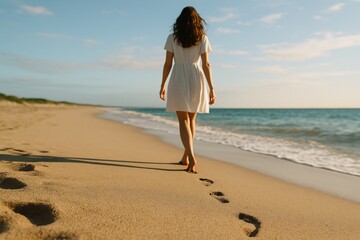 Mujer caminando descalza por la playa al atardecer dejando huellas en la arena, escena de tranquilidad y conexión con la naturaleza