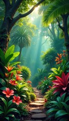 Lush tropical garden overflowing with vibrant foliage, exotic flowers, and diverse plant life under the dappled sunlight Perfect for travel, nature, and botanical themes , hibiscus, foliage