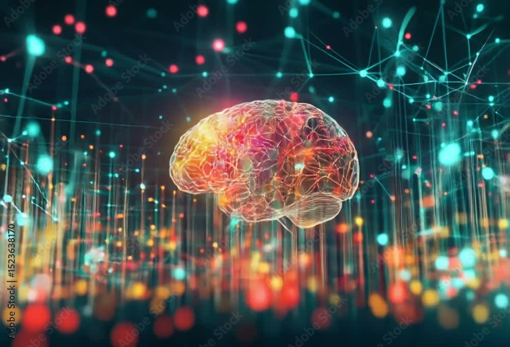 Poster a translucent brain model floats amidst vibrant, interconnected nodes and lines, creating a digital 