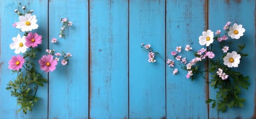 Floral arrangement on rustic blue wood fresh spring flower bloom decorative still life