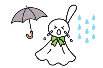 手描きのシンプルなてるてる坊主と傘と雨粒