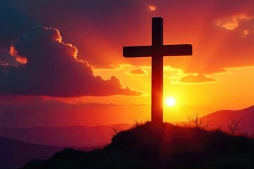 Silhouette of a cross at sunset, symbolizing hope, redemption, and faith in the Christian belief of salvation A powerful image of spiritual peace and the promise of eternal life , ascension, peace