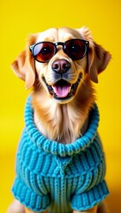 Cool Canine Portrait A Cheerful Golden Retriever with Stylish Shades and Cozy Knitwear