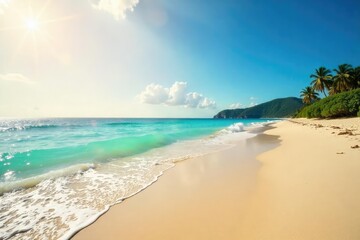Sun-kissed sand, turquoise waves gently lapping the shore, creating a picturesque holiday beach scene perfect for relaxation and escape Ideal for travel, vacation, and summer themes , vibrant, shore