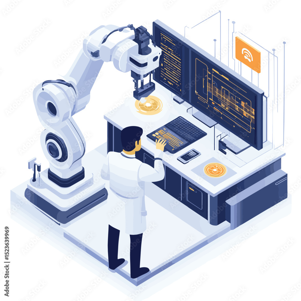 Poster Experienced technician embracing AI assistance to learn and adapt to new industrial technologies for future innovation and growth isometric, vector style simple color