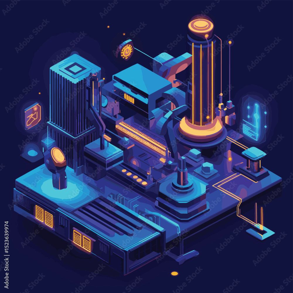 Poster Experienced technician embracing AI assistance to learn and adapt to new industrial technologies for future innovation and growth isometric, vector style simple color