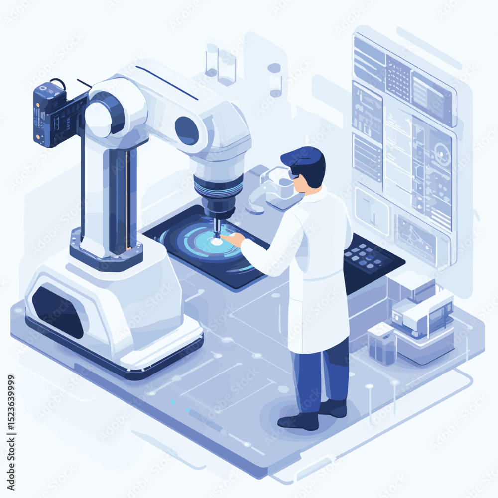 Aufkleber Experienced technician embracing AI assistance to learn and adapt to new industrial technologies for future innovation and growth isometric, vector style simple color