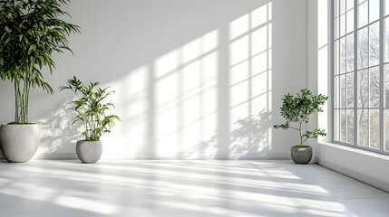 Fototapeta premium Plants in Bright Room Indoor Space Image Minimalist Environment Wide View Horizontal Pure White Background