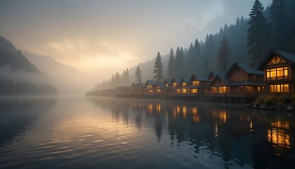 Fototapeta premium Lakeside Cabins at Dawn Reflecting in Calm Water Scenery