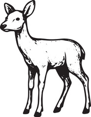 Obraz premium A delicate black-and-white line art illustration of a young deer standing gracefully, showcasing fine details. Ideal for wildlife-themed tattoos, children’s books, nursery decor, or nature-inspired de