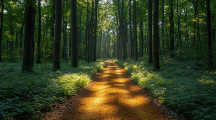Obraz premium Tranquil Forest Pathway Surrounded by Lush Green Trees in Sunlight